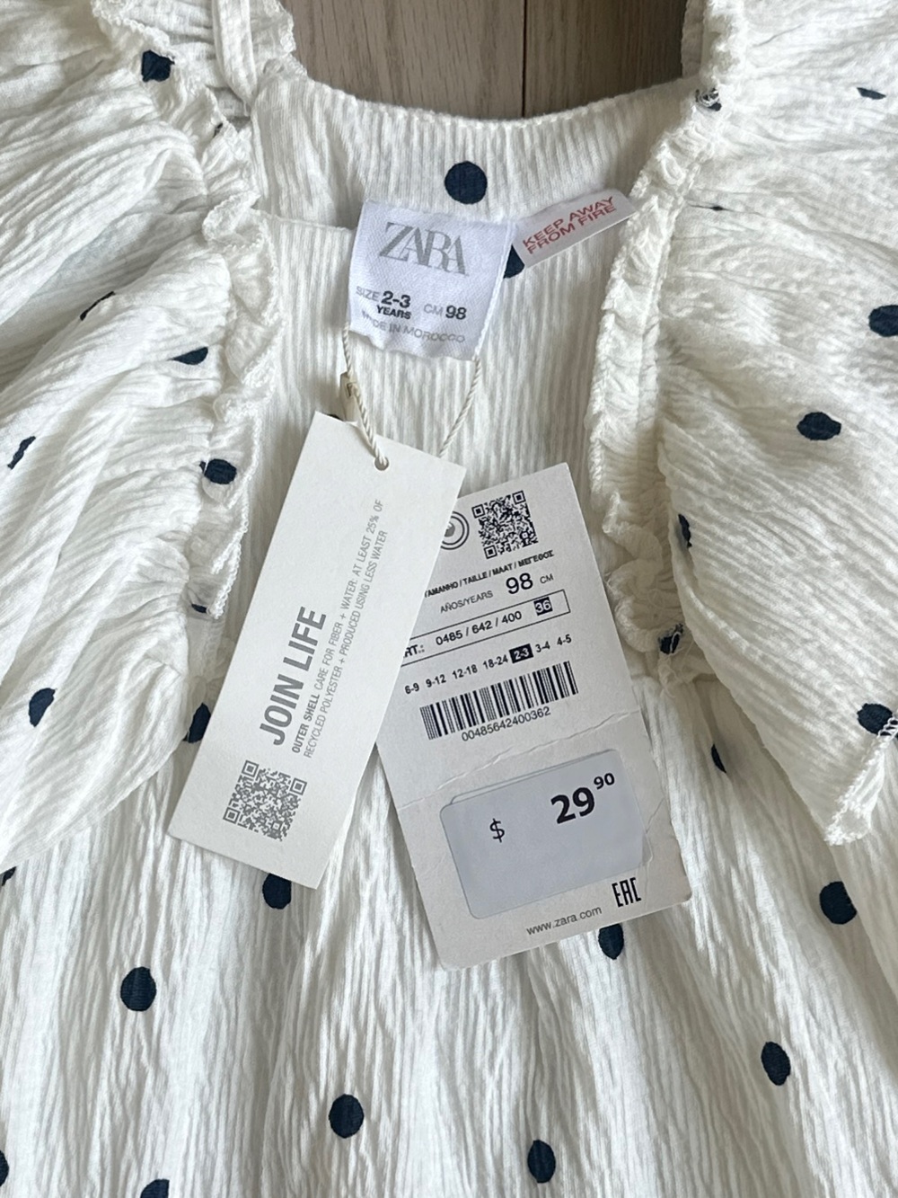 🌈 NWT Girls 3T Zara White Polka Dot Ruffle-Sleeve Kids Dress - Picture 3 of 3